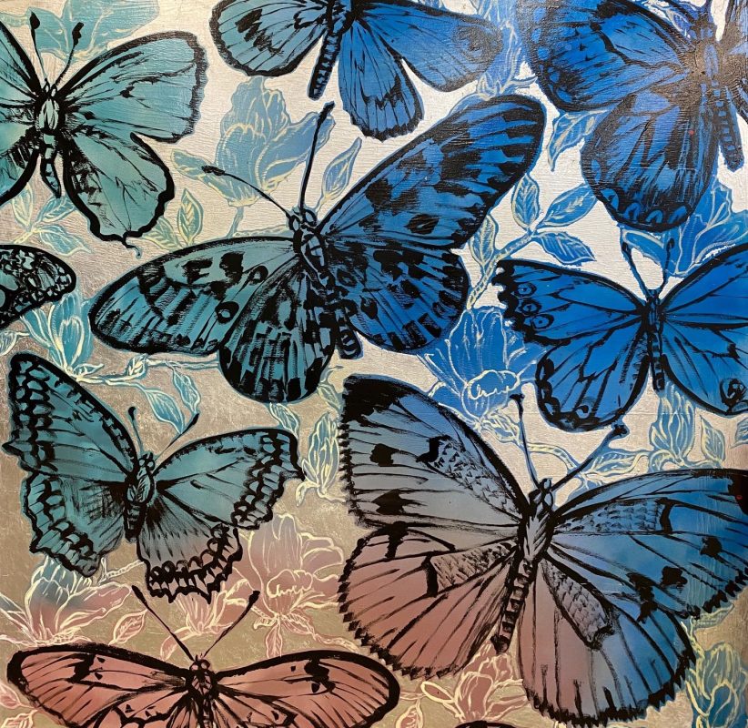 Butterflies, blue & pink of silver leafing
