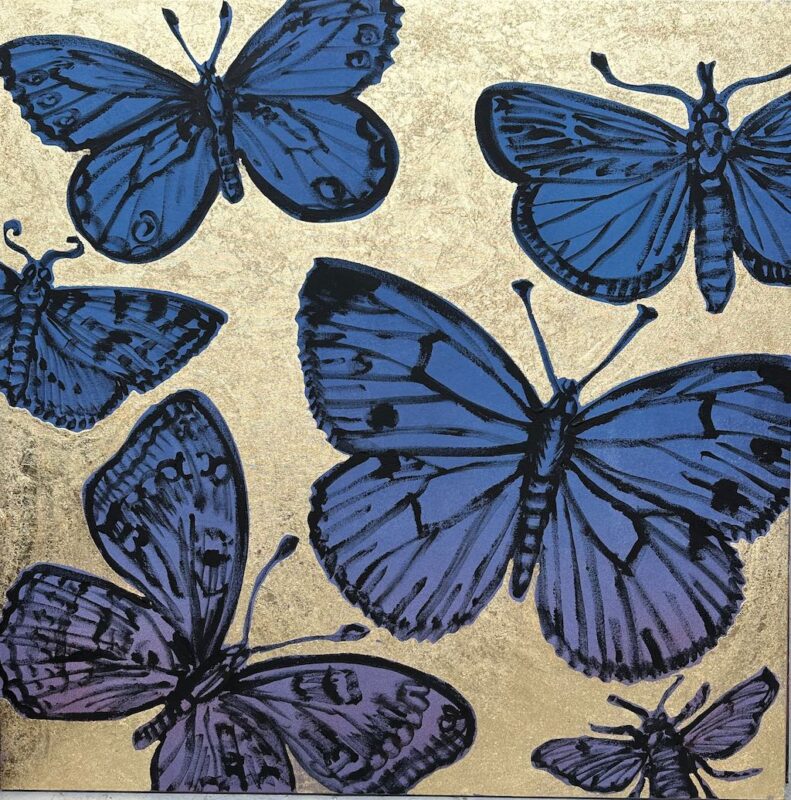 Butterflies, bee blue on gold leafing 2023